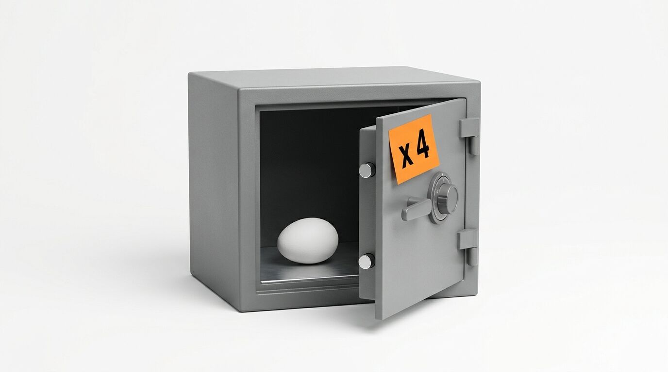 Ein offener, grauer Safe mit einem weißen Ei darin und einem orangefarbenen Aufkleber (x4) an der Tür