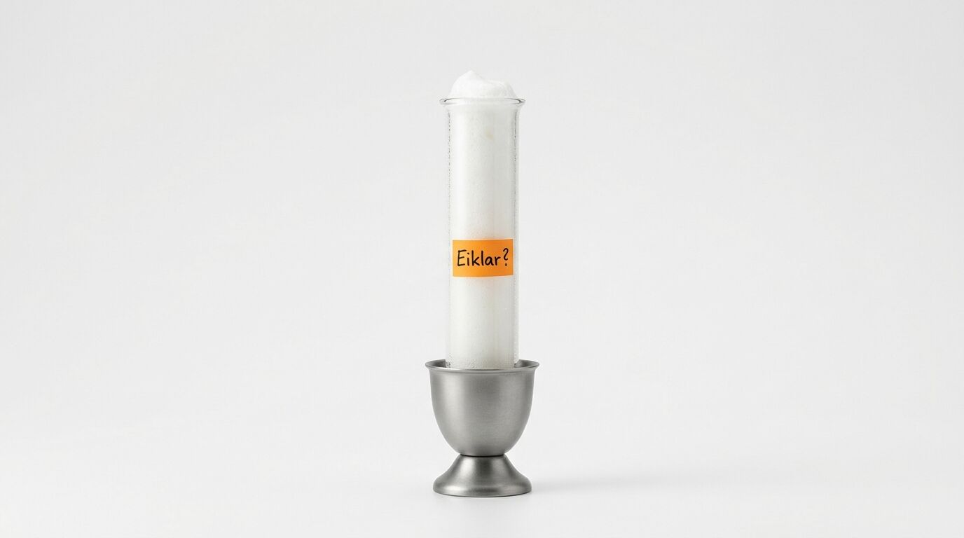 Reagenzglas mit weißem Schaum im Eierbecher, Aufkleber „Eiklar?“, auf weißem Grund