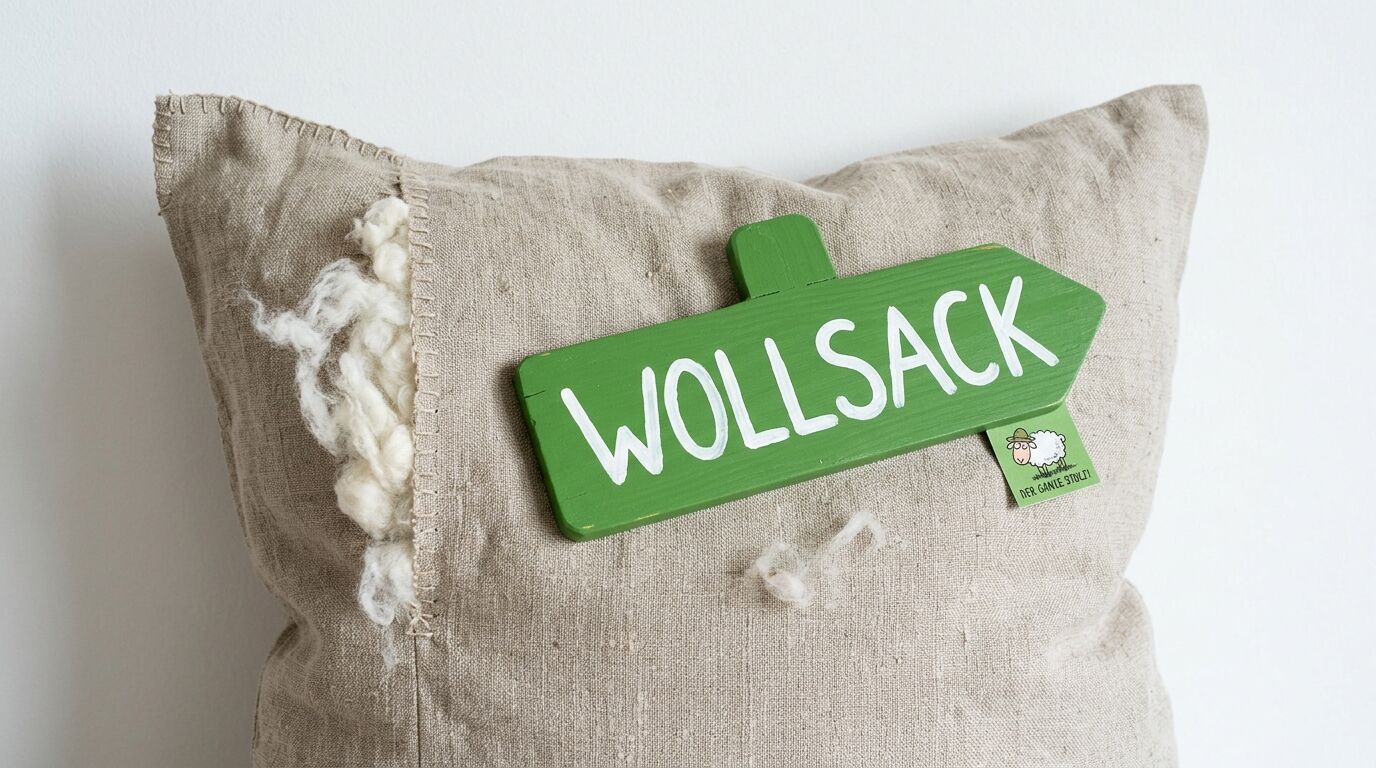 Wollsack aus Leinen mit grünem Holzschild und der Aufschrift