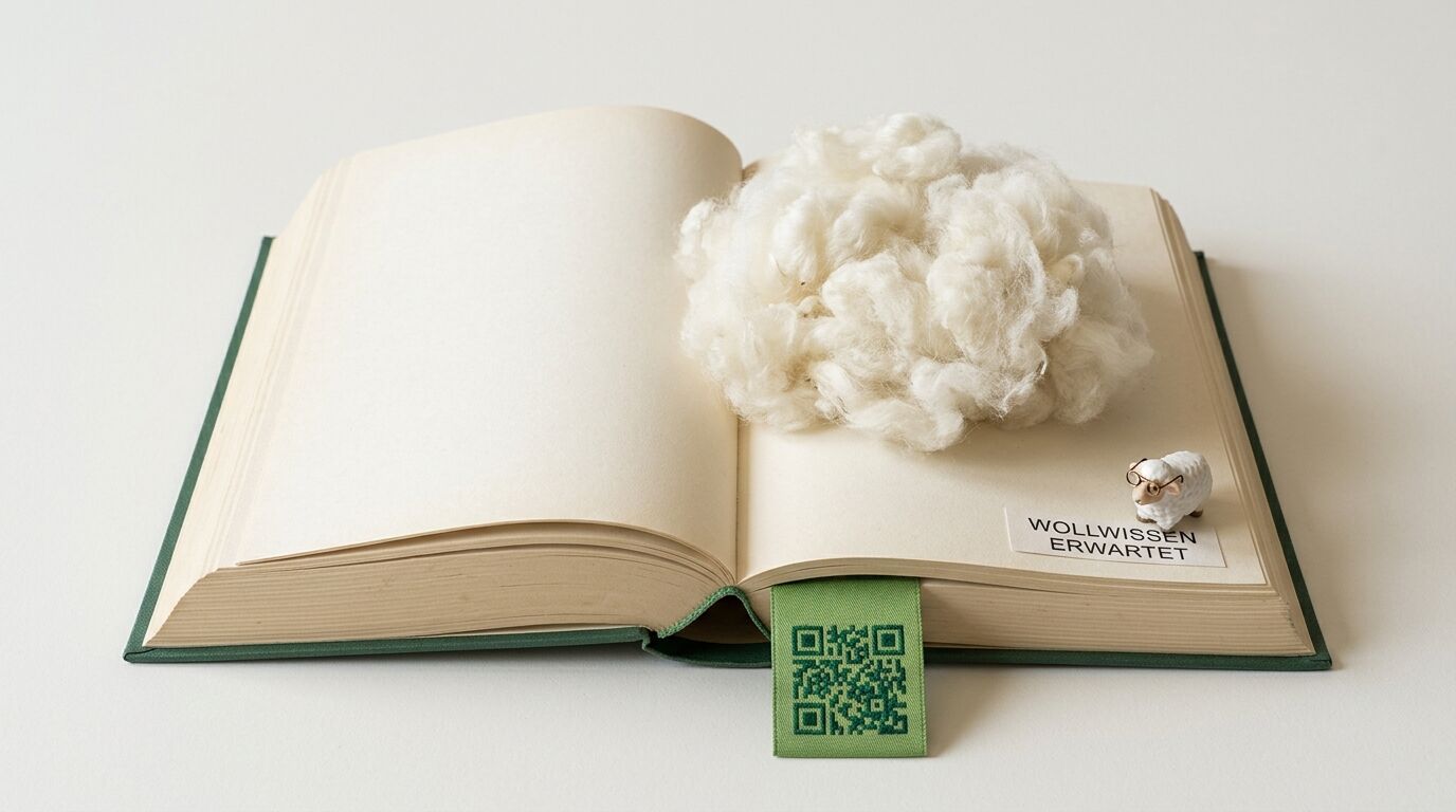 Offenes Buch mit Wolle, Minischaf, Text