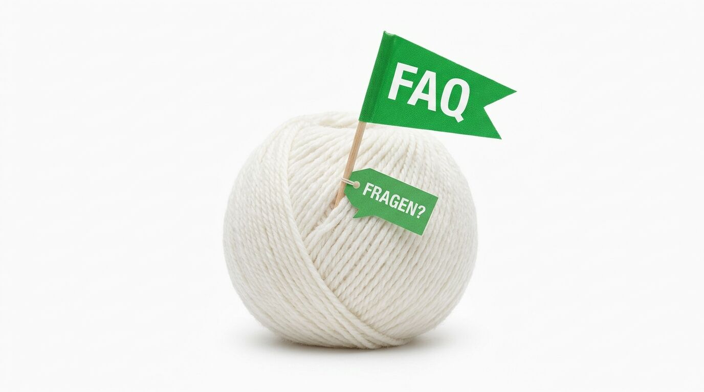 Ein Knäuel weißer Wolle mit einer grünen FAQ-Fahne und einem grünen FRAGEN?-Schilder
