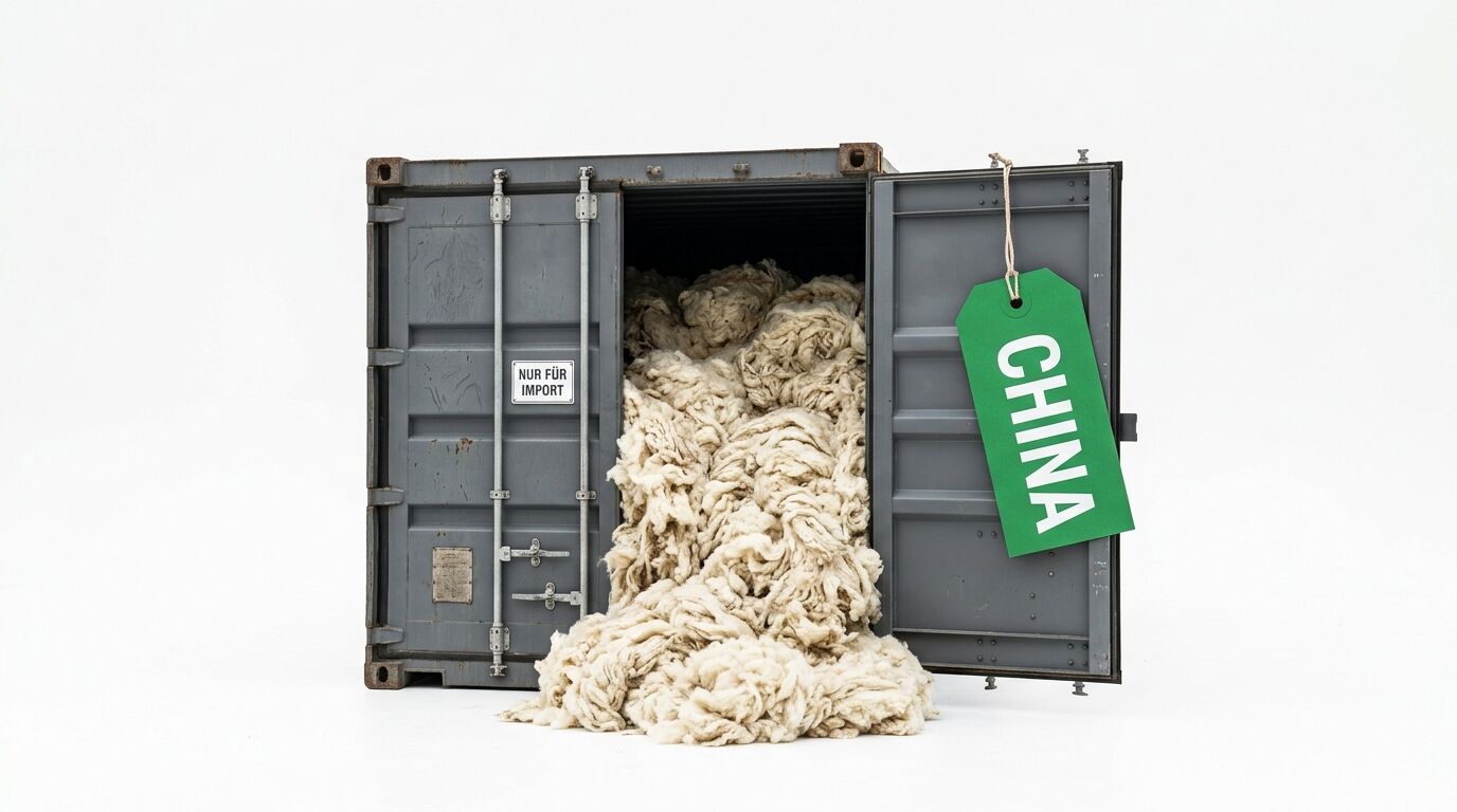 Halboffener Frachtcontainer mit herauquellender Rohwolle und Anhängeschild mit Aufschrift