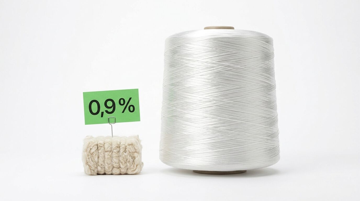 Weiße Garnspule neben Baumwollbällchen mit grünem „0,9%“-Schild