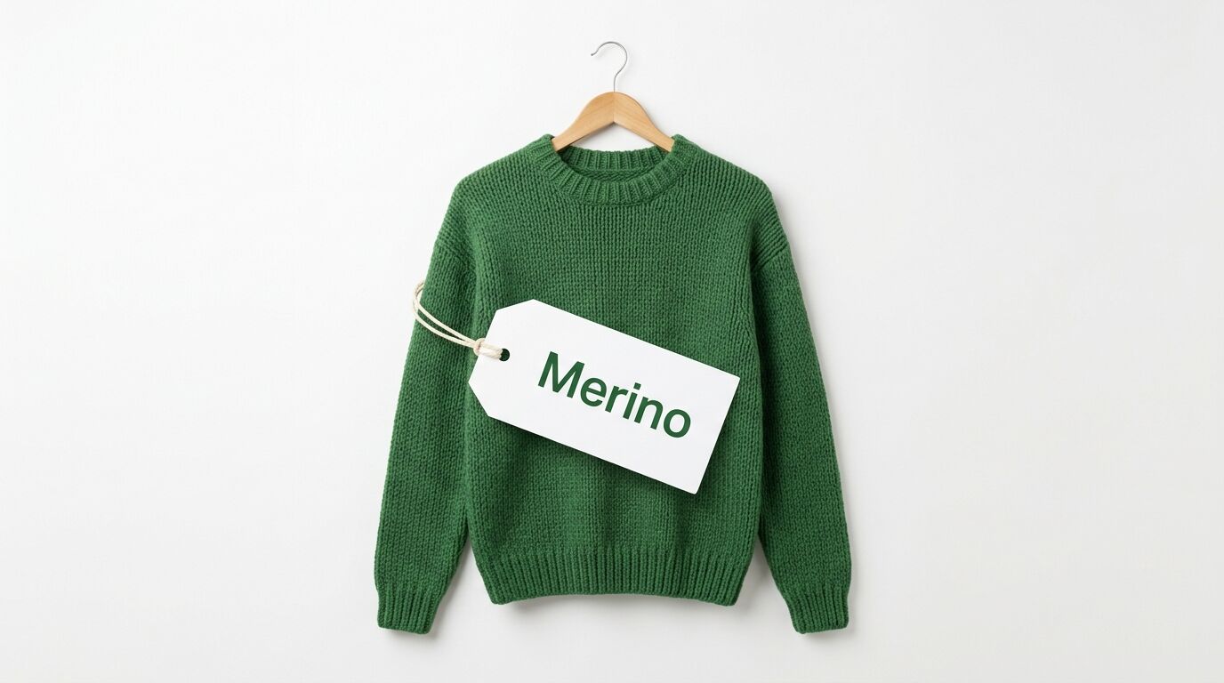 Grüner Strickpullover auf Holzkleiderbügel mit einem Etikett „Merino“, weißer Hintergrund