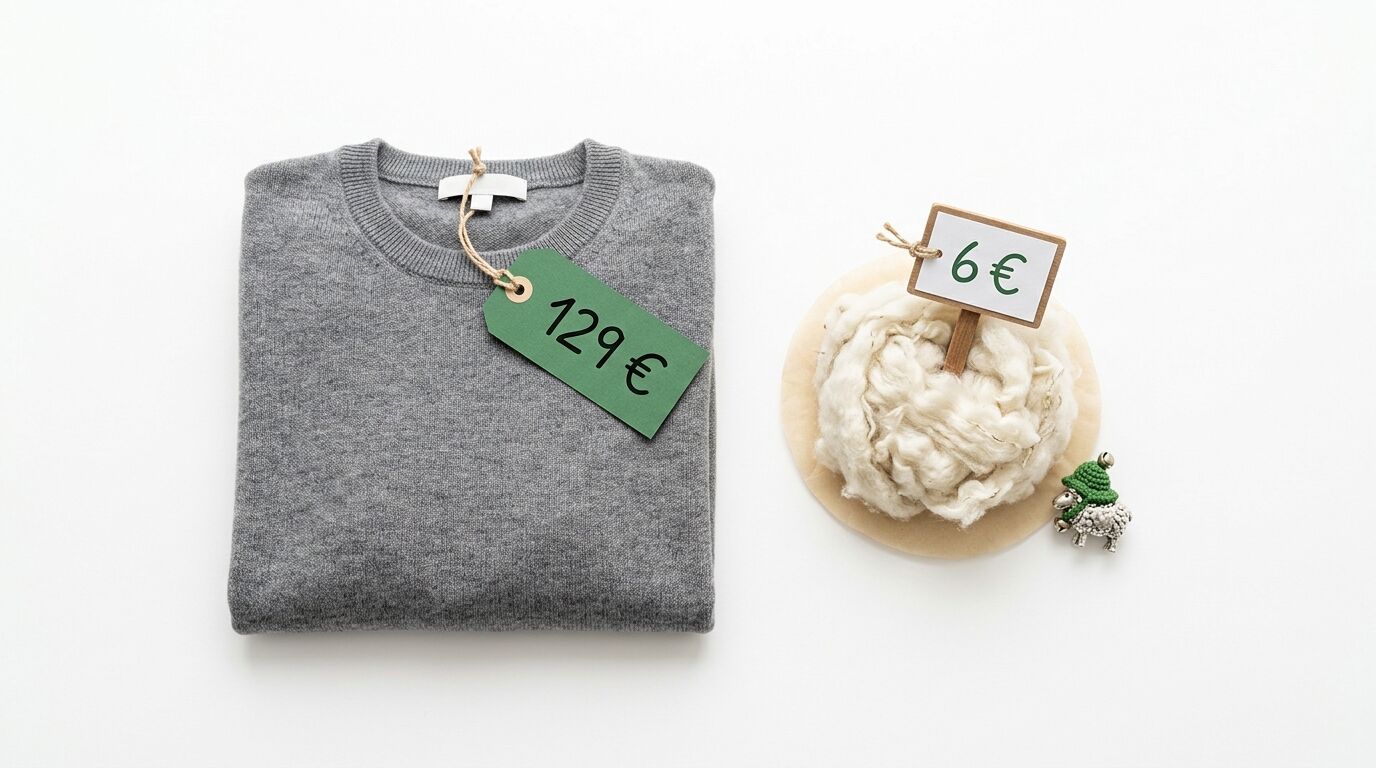 Ein grauer Wollpullover mit einem Preisschild von 129 € und ein Haufen Rohwolle für 6 €