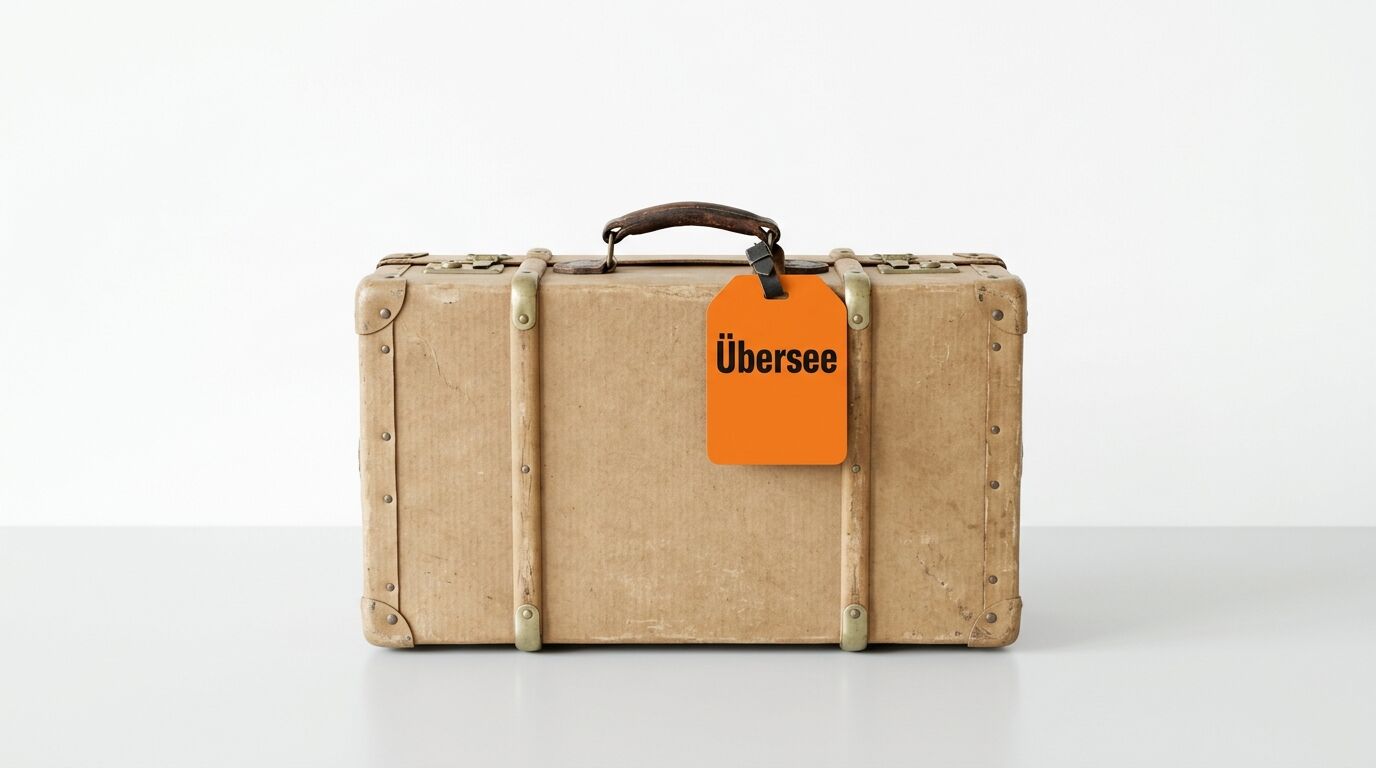 Ein beigefarbener Koffer mit einem orangen Anhänger und der Aufschrift „Übersee“