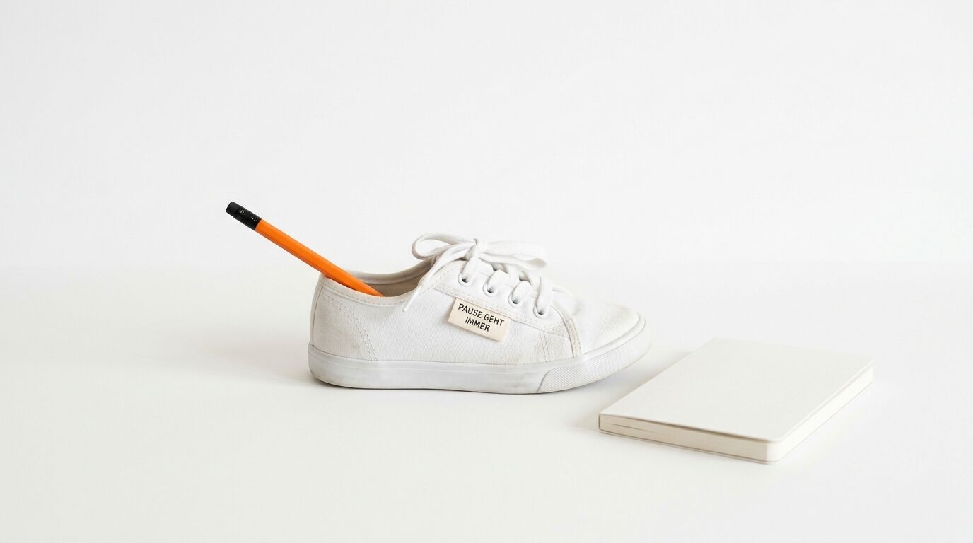 Weißer Schuh mit Stift darin, Text „PAUSE GEHT IMMER“, daneben ein weißes Buch