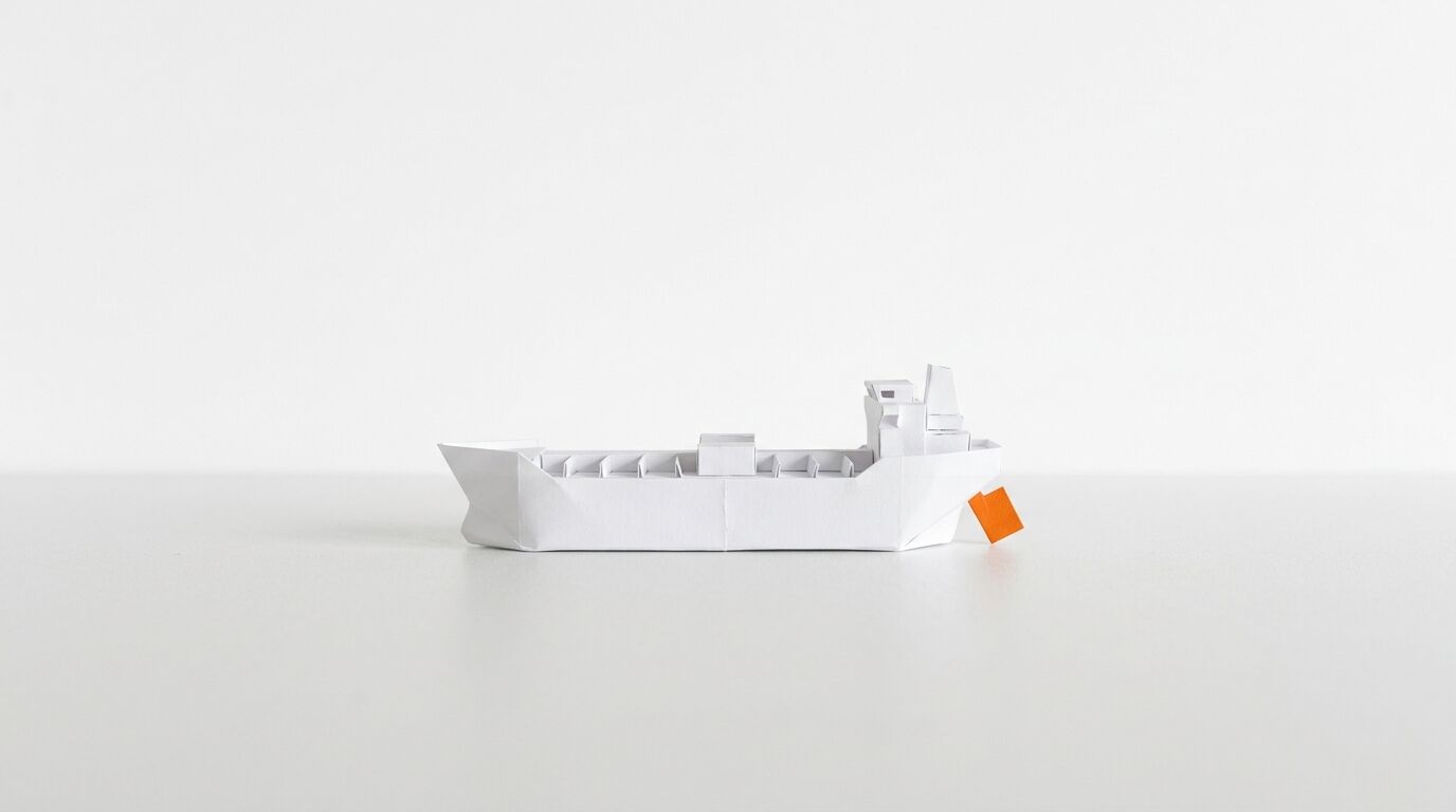 Ein weißes Origami-Containerschiff auf weißem Grund mit einem orangen Detail am Heck