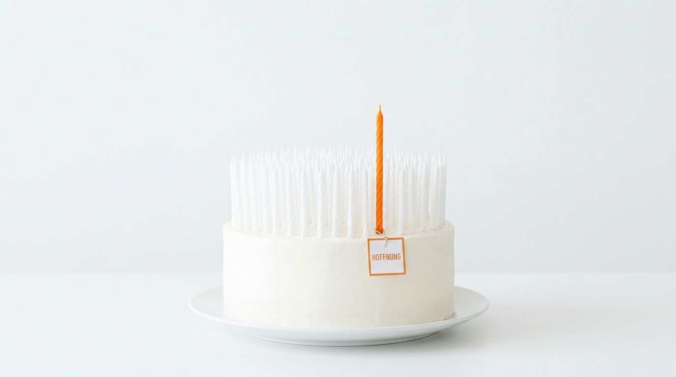 Weiße Torte auf weißem Grund mit vielen weißen und einer orangen Kerze plus Schild „HOFFNUNG“