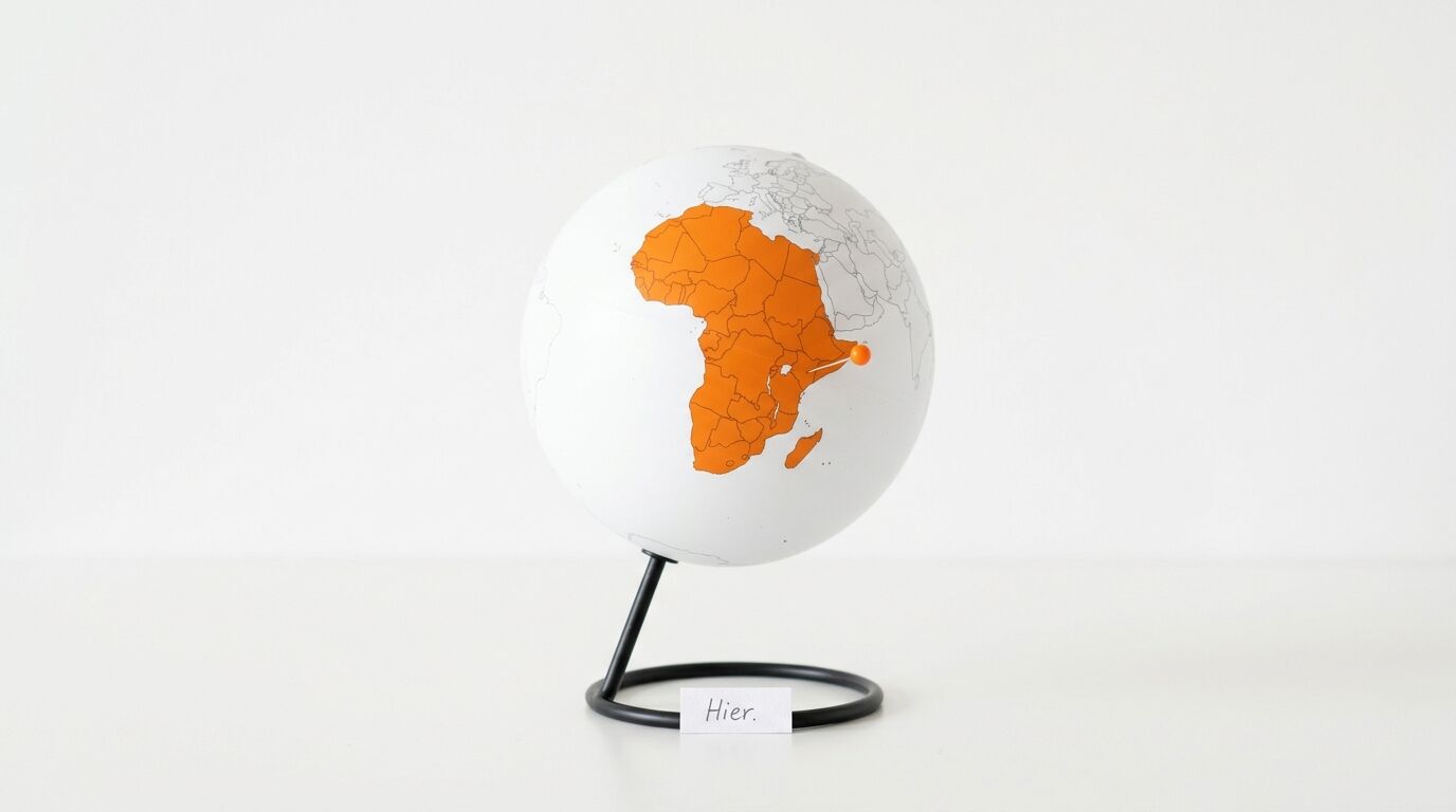 Ein Globus mit orangefarbenem Afrika, einem Pin und einem Schildchen „Hier.“