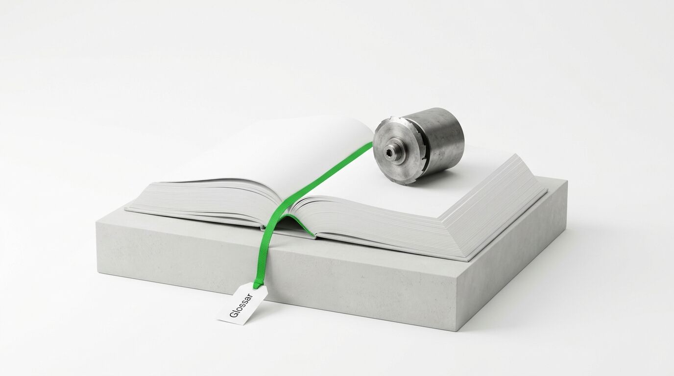 Buch mit grünem Lesebändchen auf grauem Sockel, rechts ein Metallwerkzeug