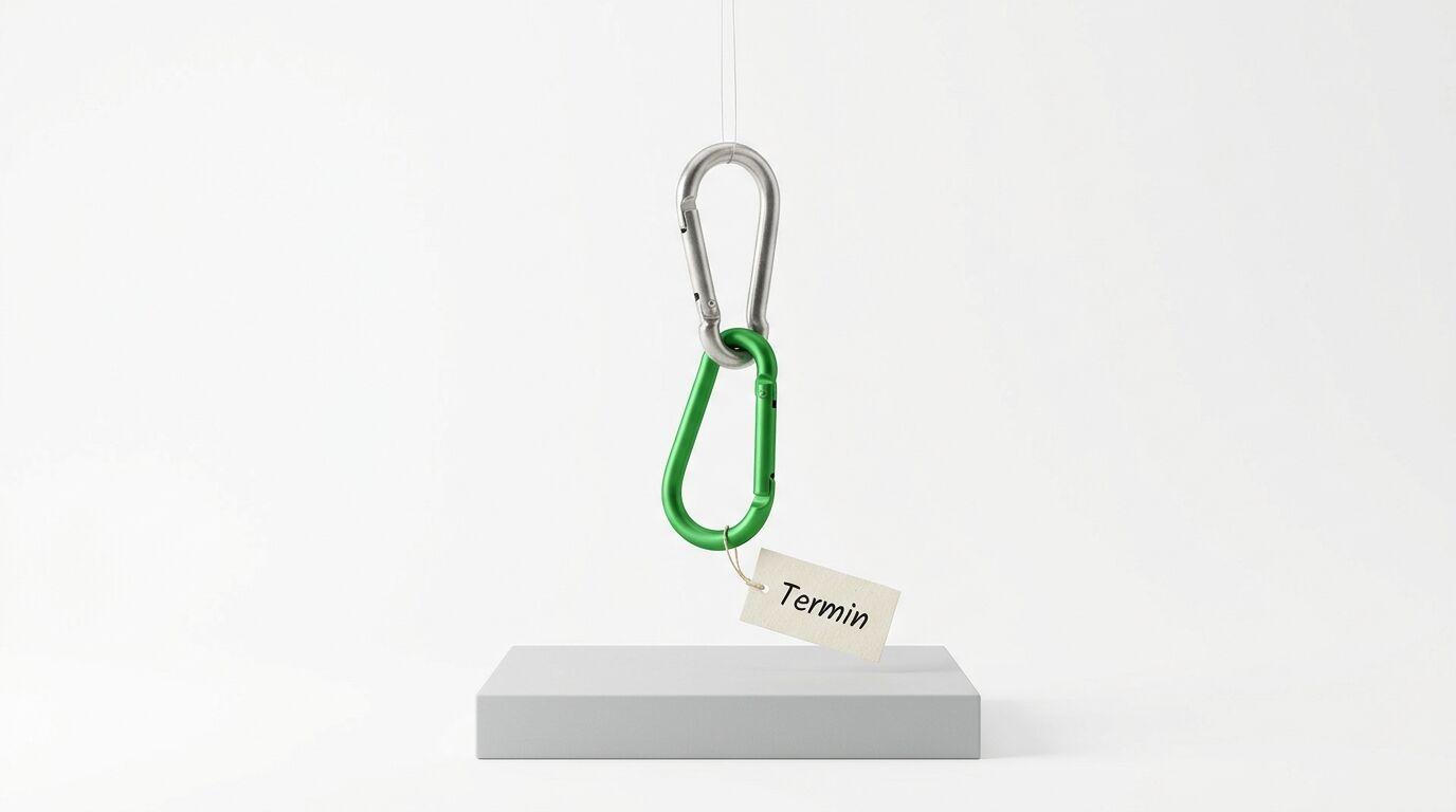 Hängende Karabiner über Podest mit Anhänger „Termin“ auf Weiß