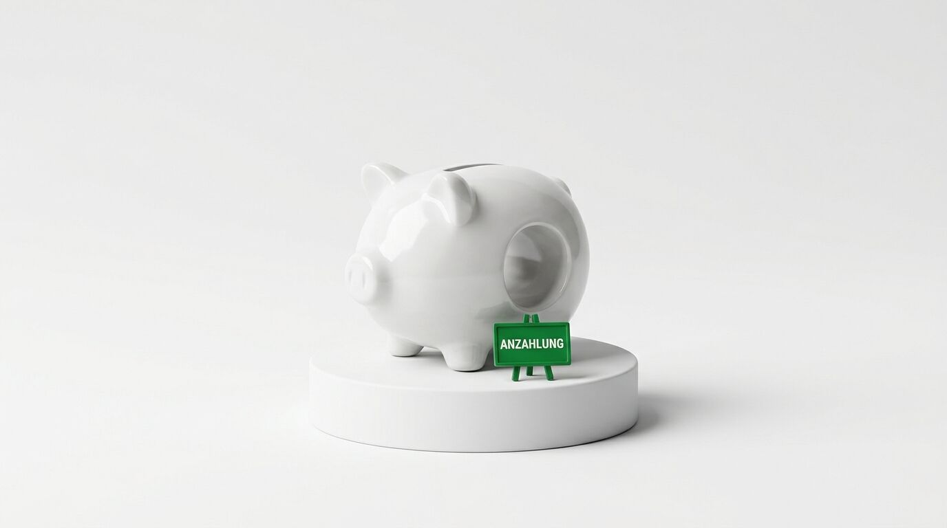 Weißes Sparschwein und grüne Tafel mit „ANZAHLUNG“ auf weißem Podest