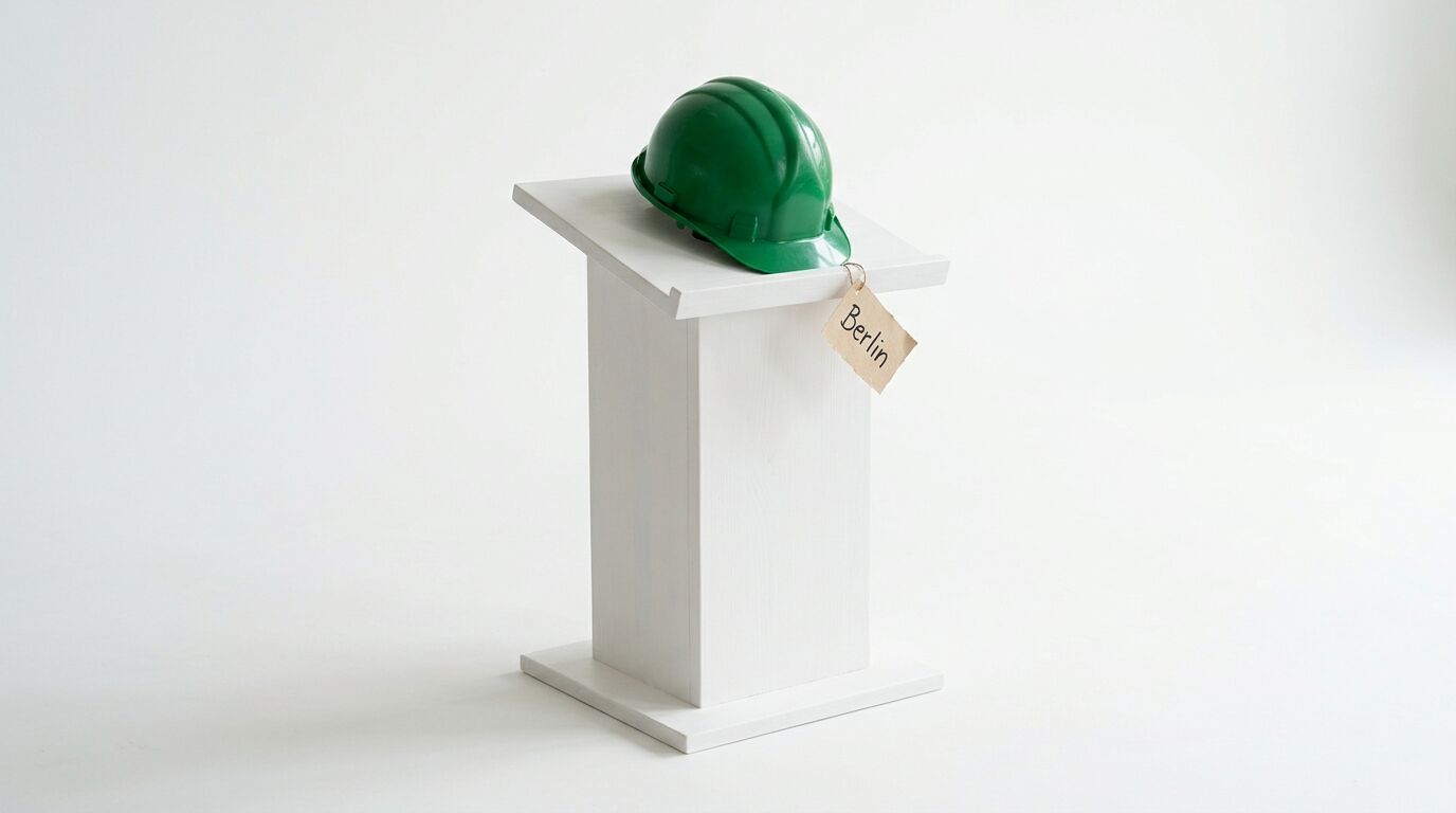 Ein grüner Schutzhelm auf einem weißen Rednerpult mit einem „Berlin“-Anhänger