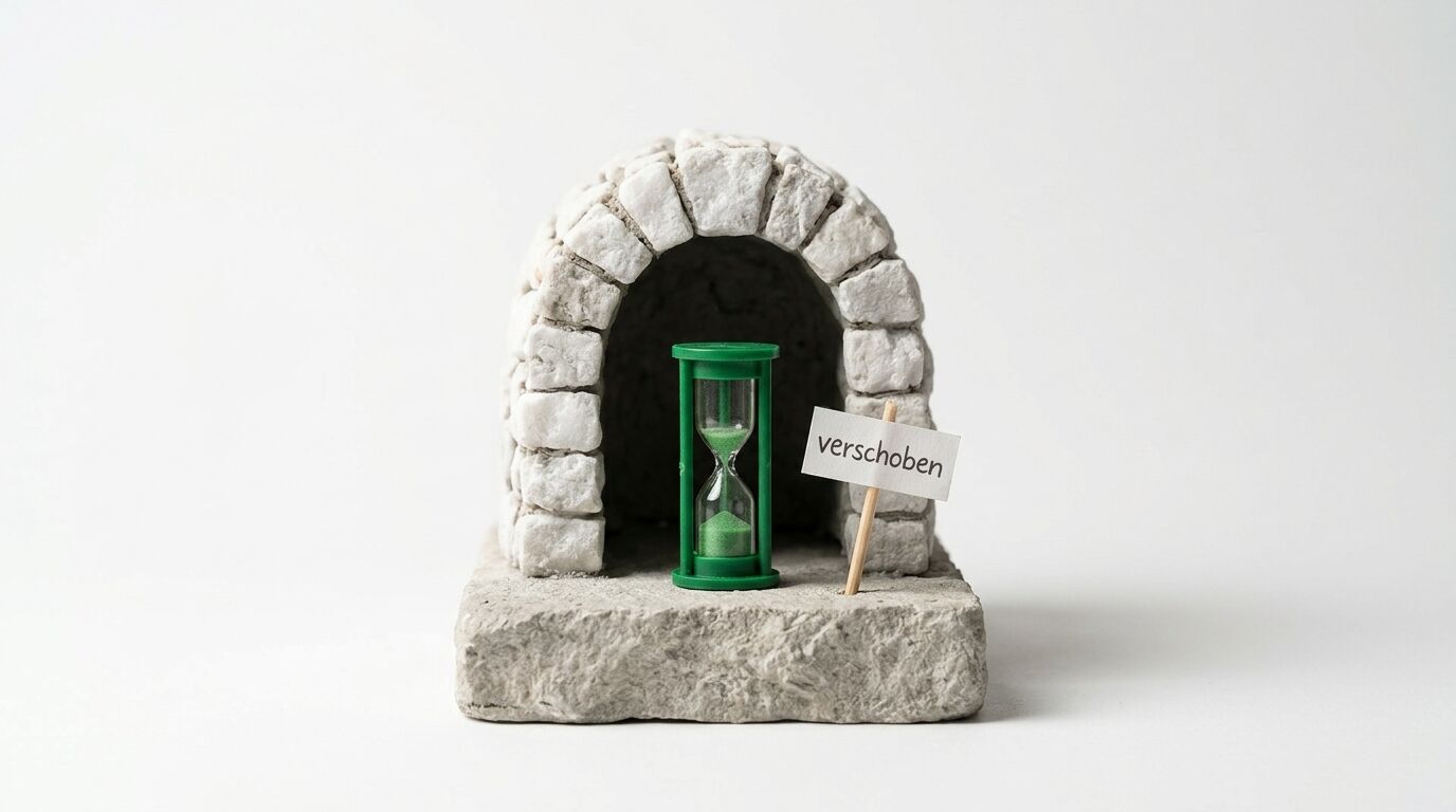 Sanduhr in Steintunnel mit Schild „verschoben“