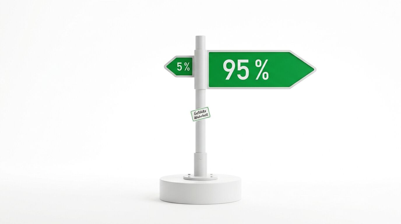 Schilder mit „5 %“ nach links und „95 %“ nach rechts sowie einem kleinen Schild „Gefühlte Wahrheit“