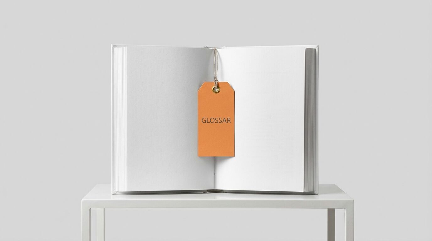 Geöffnetes weißes Buch mit orangem „GLOSSAR“-Anhänger auf Tisch, grauer Hintergrund
