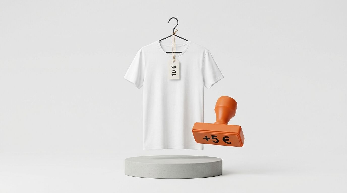 Ein weißes T-Shirt mit 10 € Etikett schwebt über einem Podest, daneben ein orangefarbener Stempel mit „+5 €“