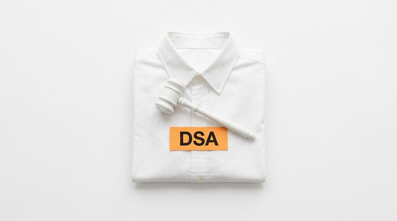 Ein weißer Holzhammer und der Text „DSA“ liegen auf einem gefalteten weißen Hemd