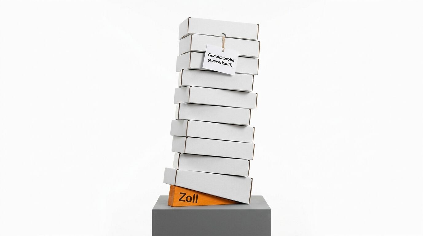 Ein Turm aus weißen Kartons, der auf einem orangefarbenen Keil mit dem Text