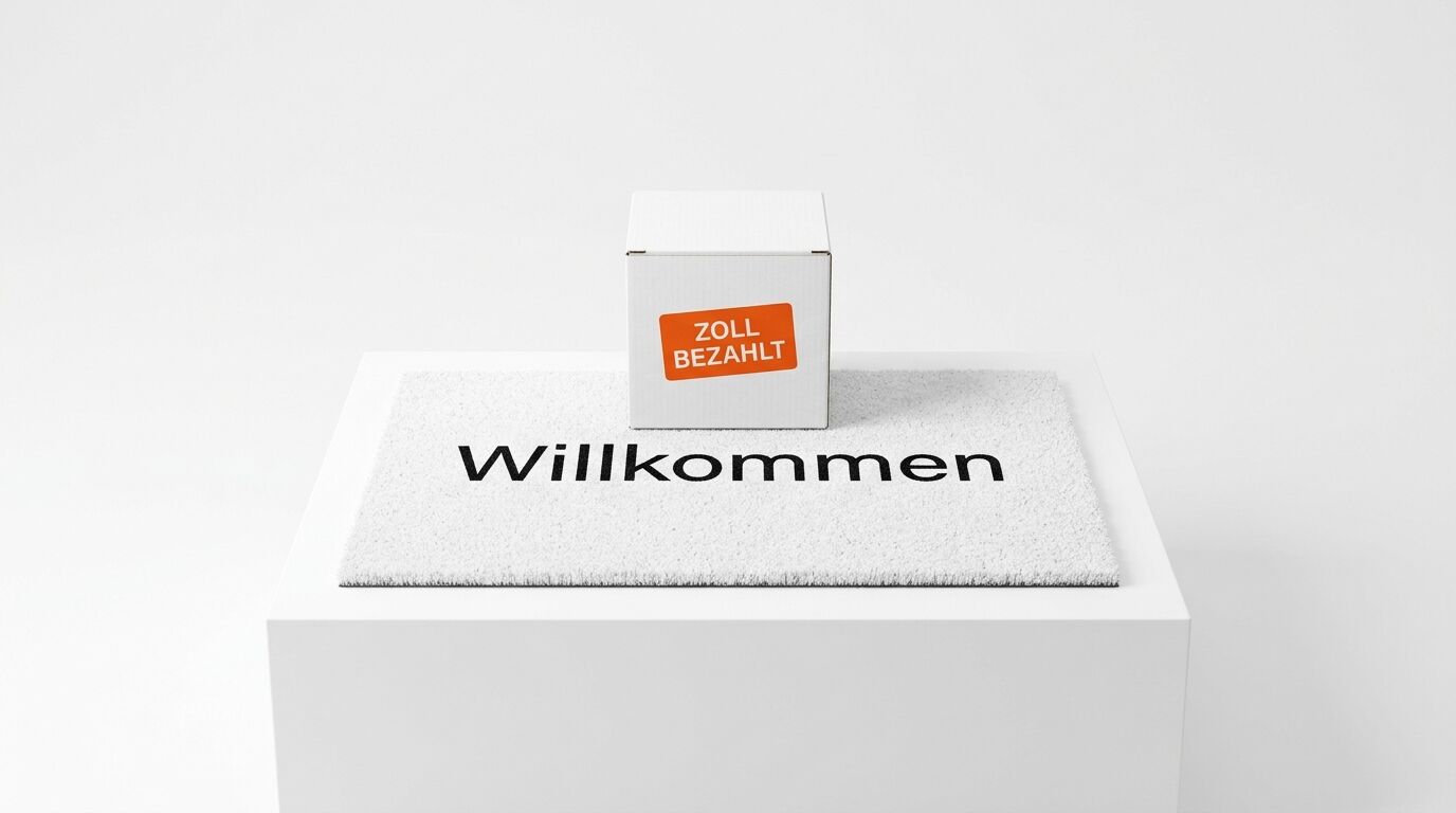 Karton mit „ZOLL BEZAHLT“ und Fußmatte mit „Willkommen“ auf weißem Podest