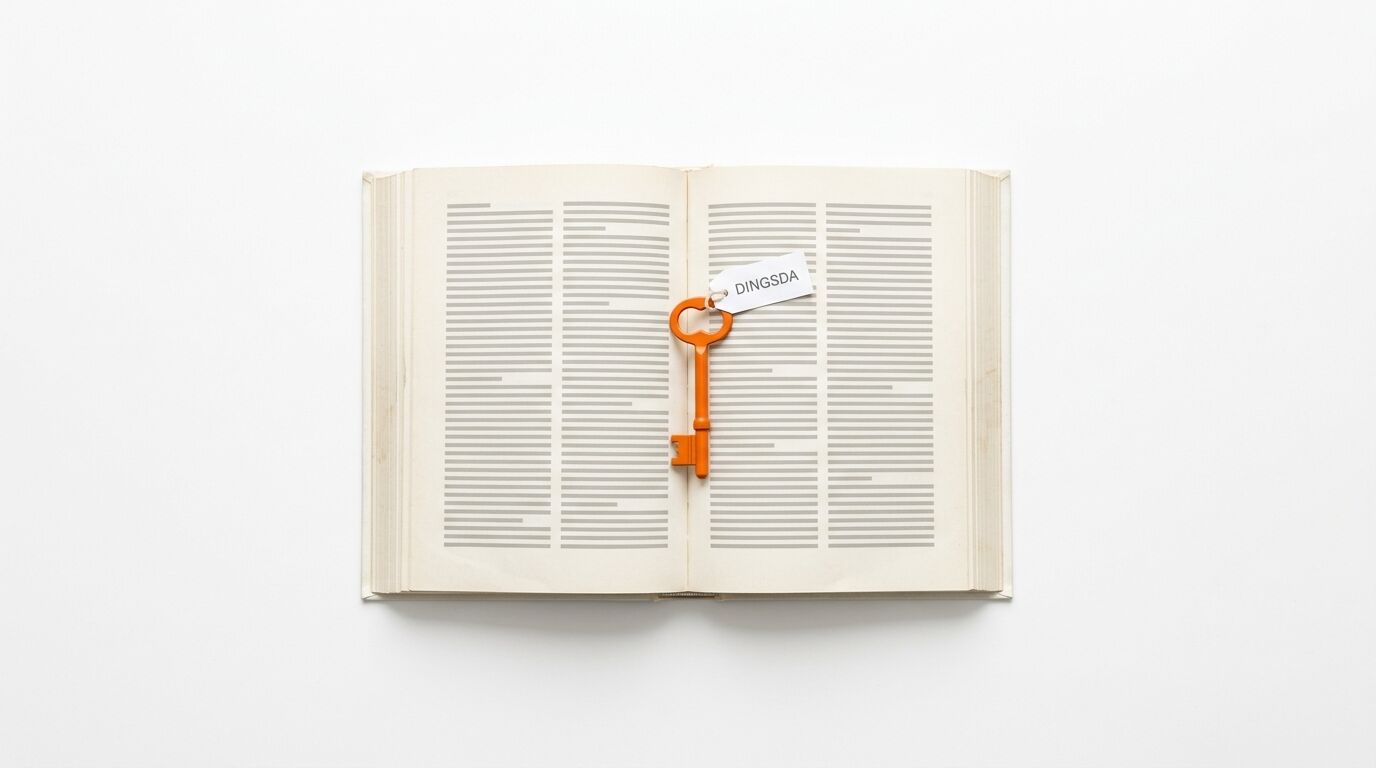 Geöffnetes Buch mit orangefarbenem Schlüssel und „DINGSDA“-Etikett vor weißem Hintergrund