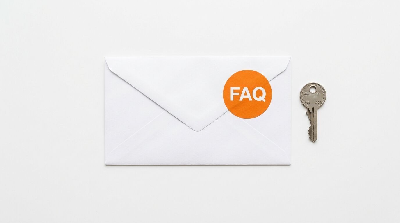 Weißer Briefumschlag mit orangefarbenem FAQ-Sticker und Schlüssel daneben auf weißem Grund