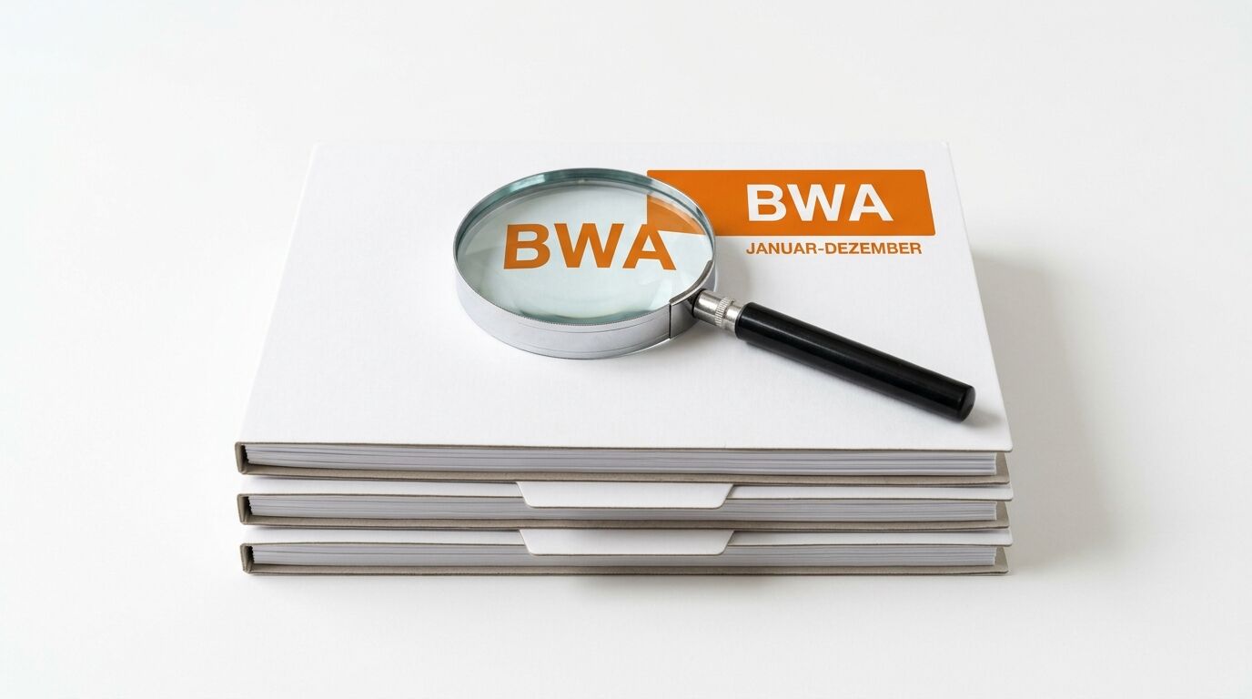 Lupe auf Aktenstapel, Text „BWA“ und „JANUAR-DEZEMBER“ sichtbar