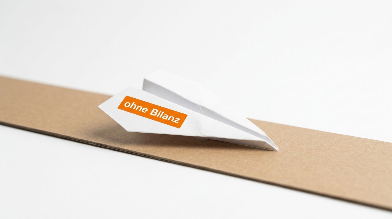Papierflieger mit orangem Aufkleber „ohne Bilanz“ liegt auf braunem Kartonstreifen