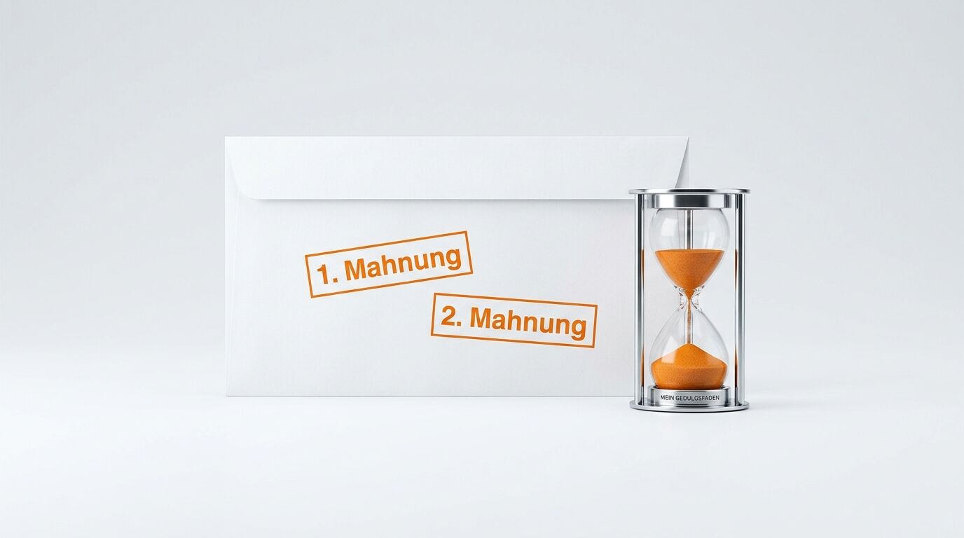 Briefumschlag mit Stempeln „1. Mahnung“ und „2. Mahnung“ neben einer Sanduhr