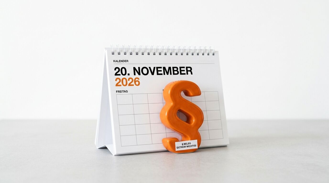 Tischkalender zeigt Freitag, 20. November 2026, davor ein orangefarbenes Paragraphen-Symbol