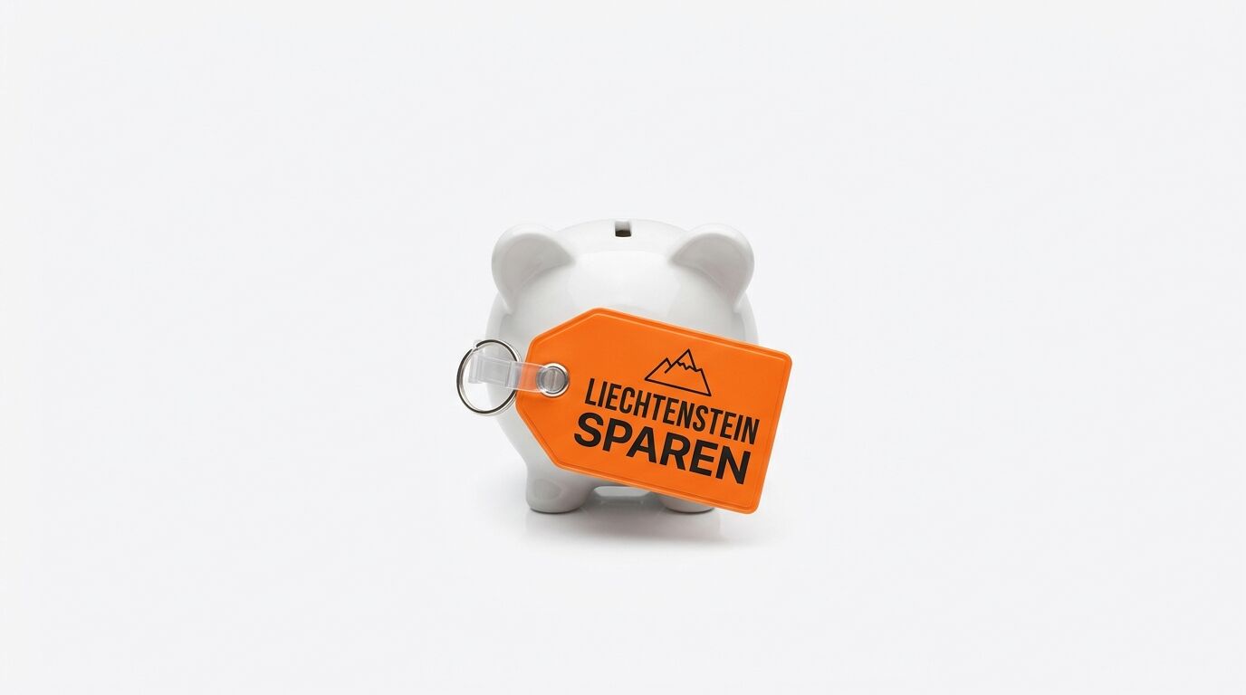 Weißes Sparschwein mit orangem Anhänger, darauf Bergsymbol und „LIECHTENSTEIN SPAREN“