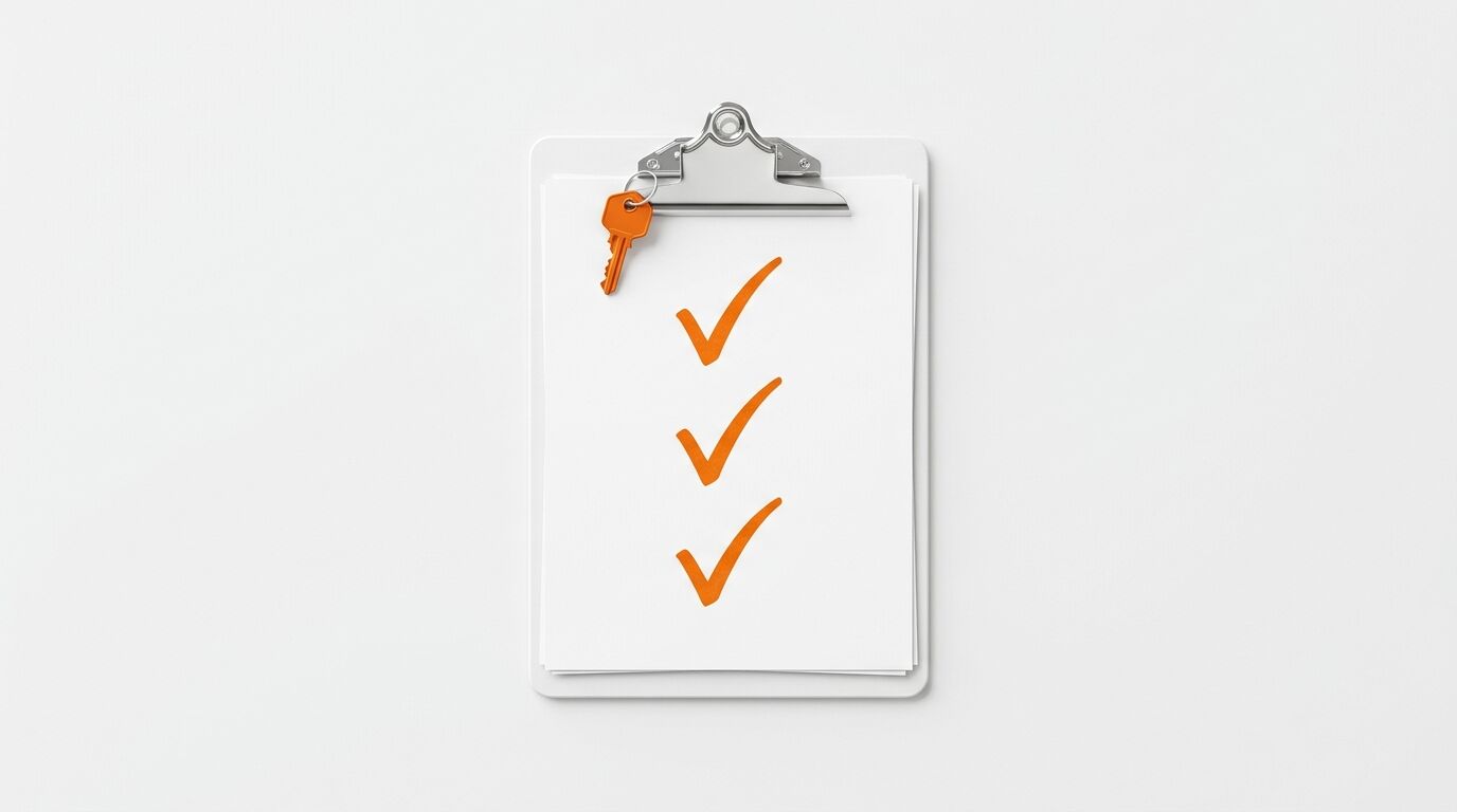 Klemmbrett mit drei orangen Haken auf Papier und einem orangen Schlüssel an der Klemme