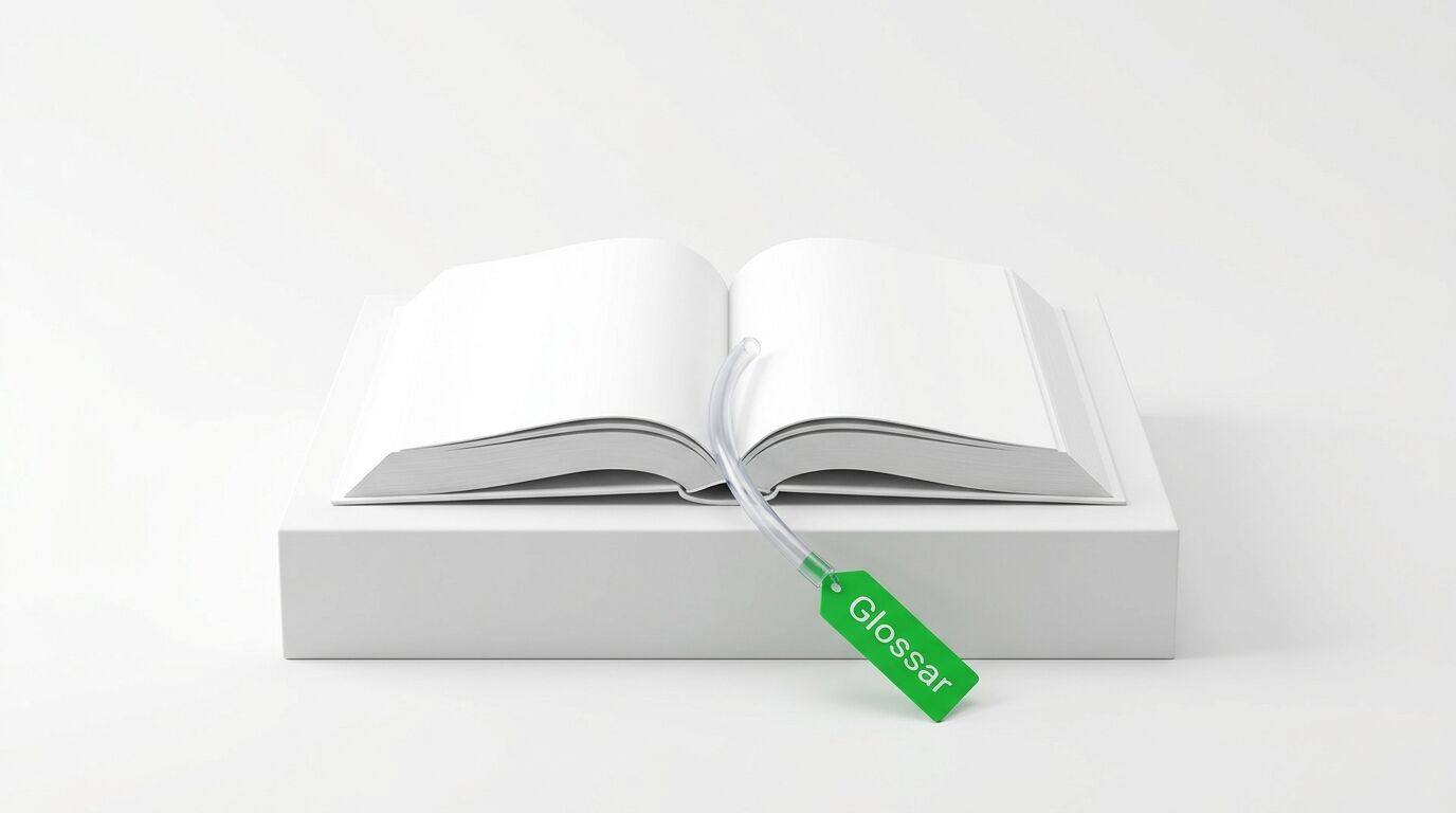 Offenes weißes Buch auf Sockel mit grünem „Glossar“-Lesezeichen und Schlauch