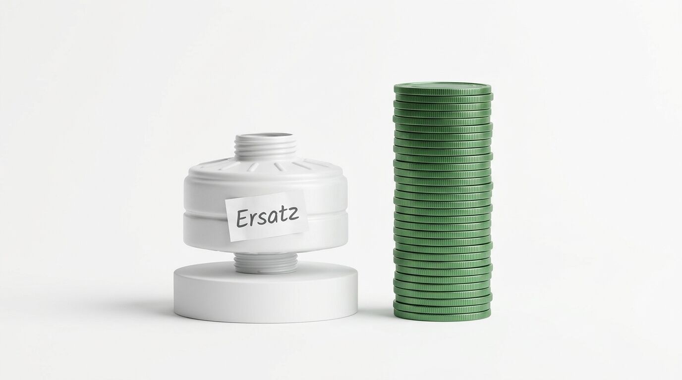 Ein Filter mit Zettel „Ersatz“ neben einem Stapel grüner Chips