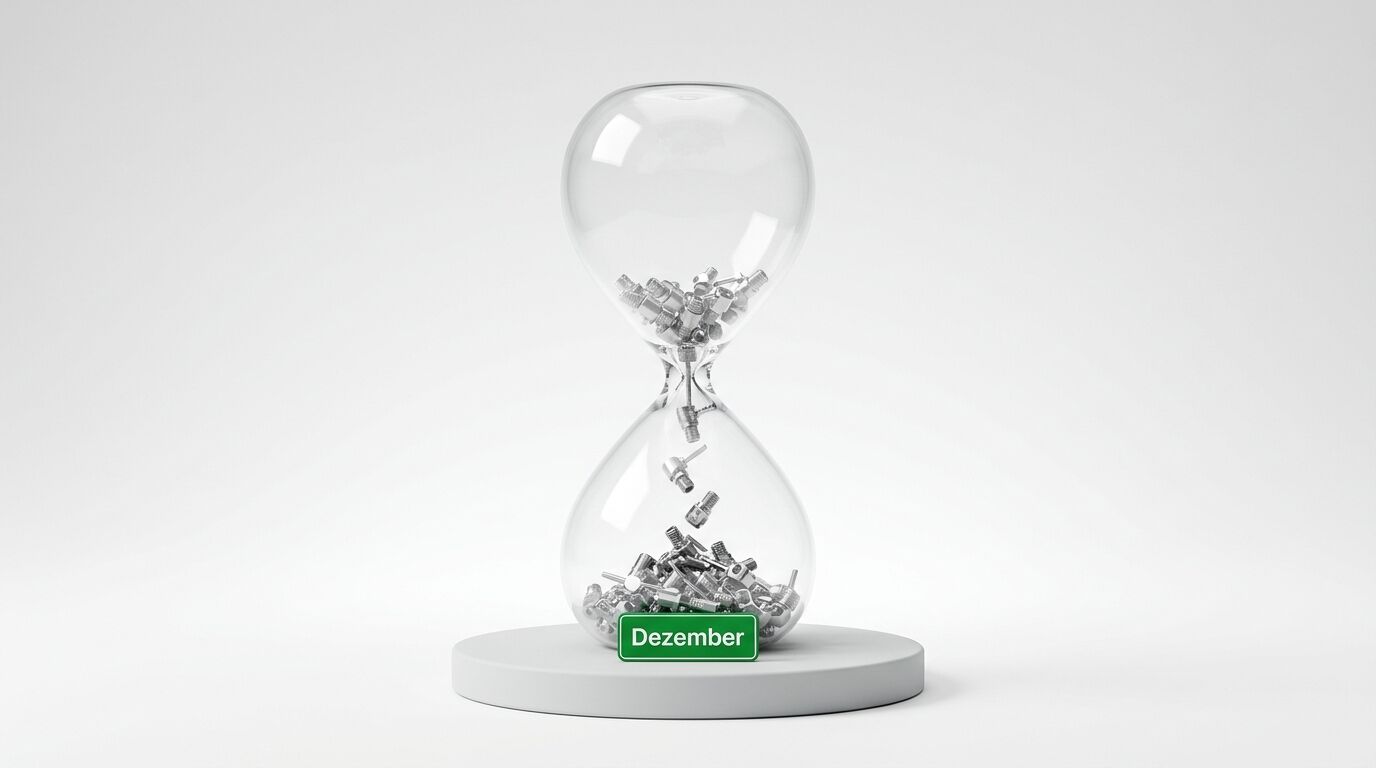 Sanduhr mit Metallteilen und „Dezember“-Schild auf weißem Grund