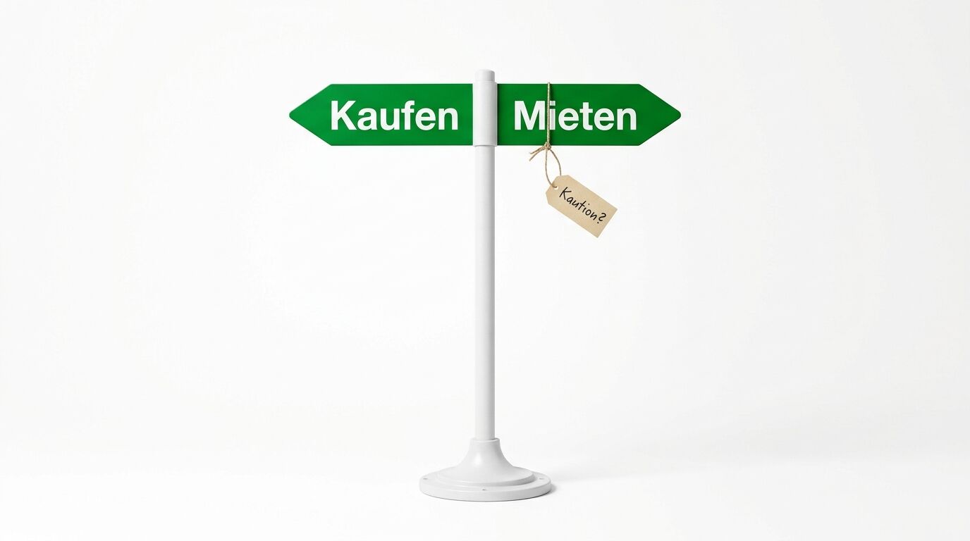 Schilderposten mit grünen Pfeilschildern „Kaufen“ (links) und „Mieten“ (rechts) sowie Etikett