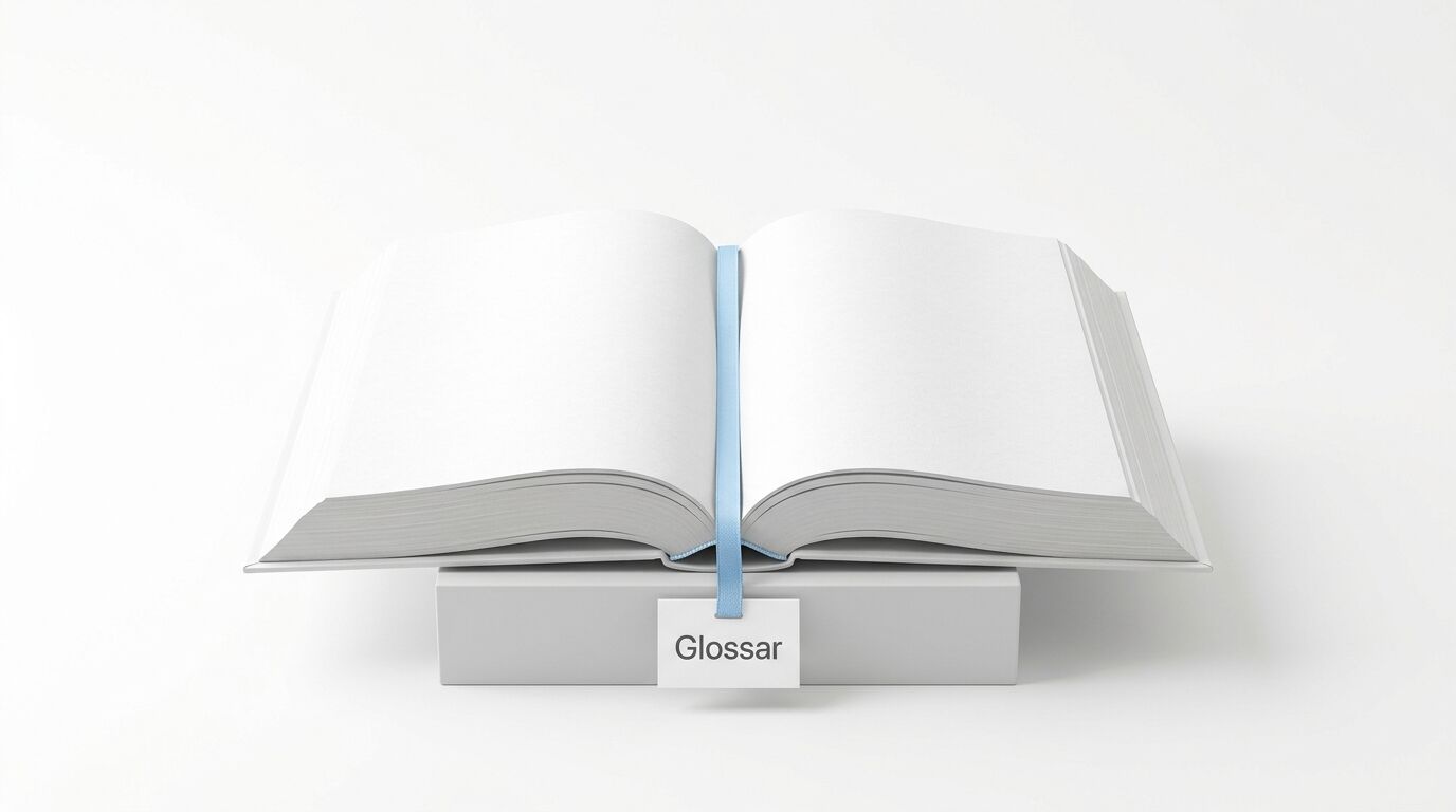 Ein offenes weißes Buch auf einem weißen Block, Lesezeichen mit Schildchen „Glossar“