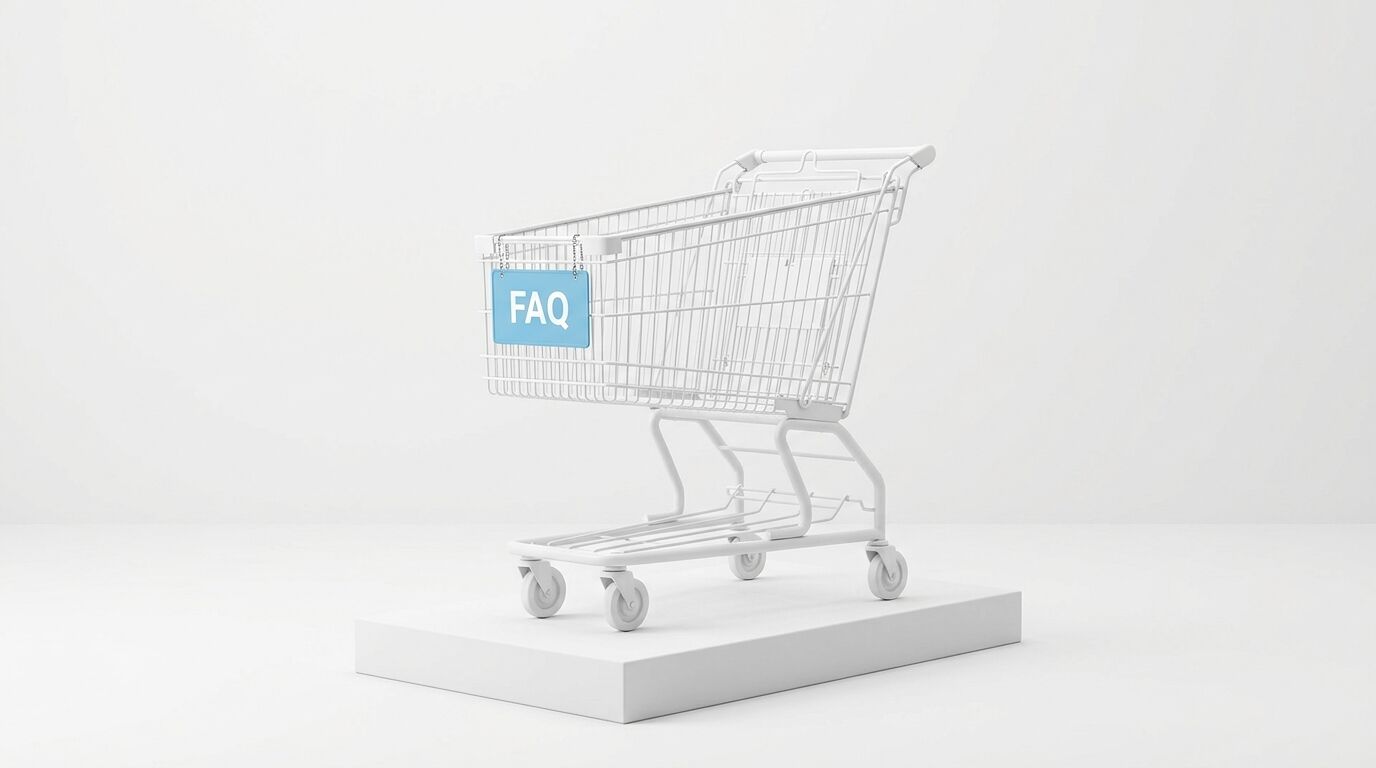 Weißer Einkaufswagen auf Podest mit blauem Schild und weißer FAQ-Aufschrift