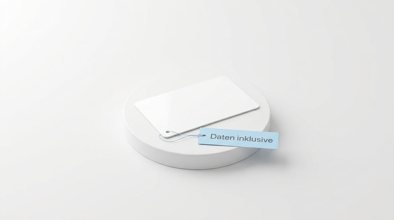 Eine weiße Blankokarte und ein blauer Anhänger mit dem Text „Daten inklusive“