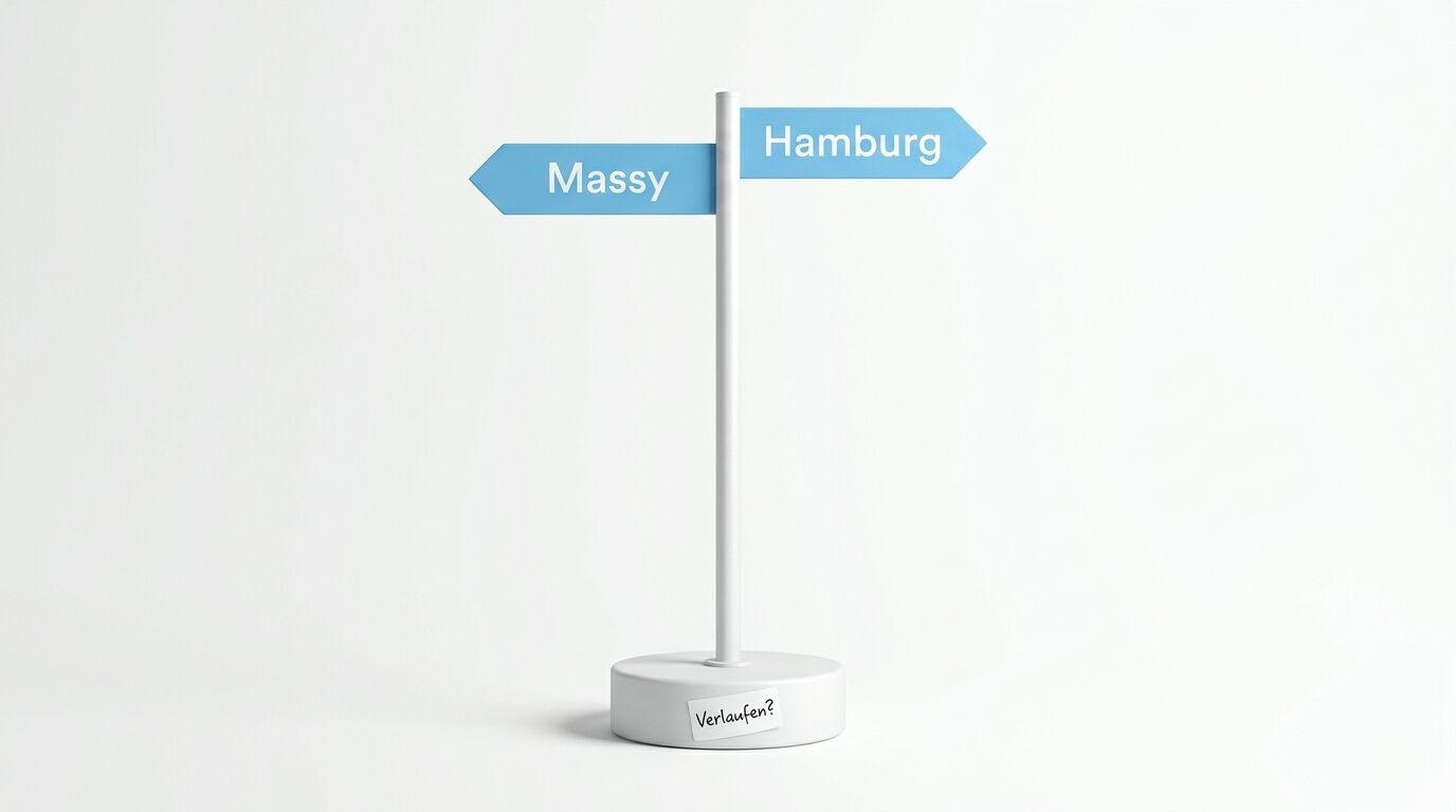 Blauer Wegweiser nach Massy und Hamburg auf weißem Sockel mit Zettel „Verlaufen?“