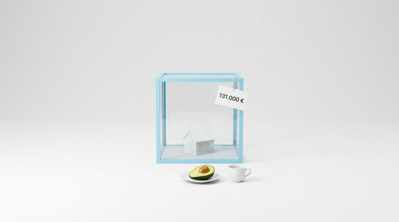 Hausmodell im Glaskasten mit Preisschild, davor halbe Avocado und Tasse auf weißem Grund
