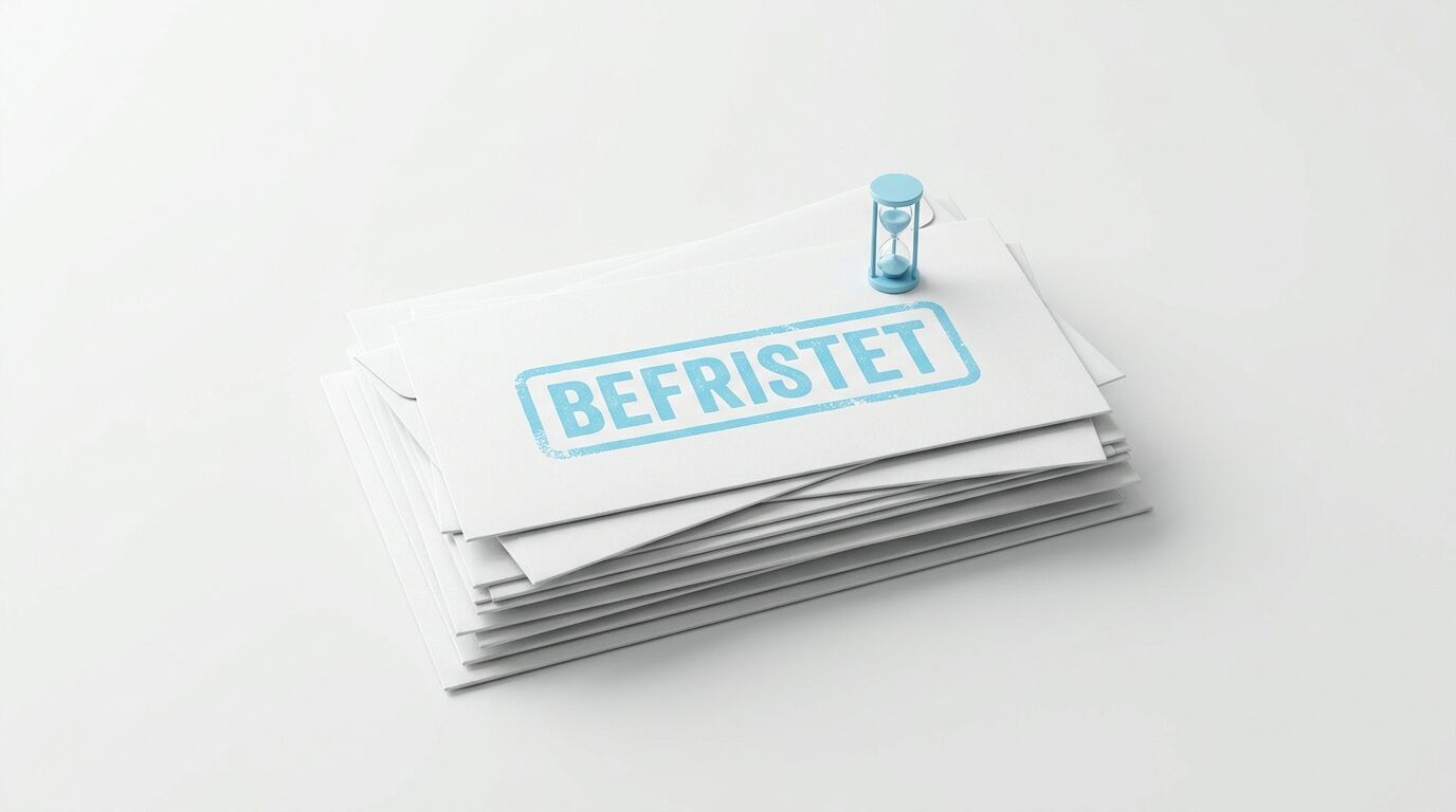 Briefstapel mit blauem Stempel „BEFRISTET“ und blauer Eieruhr auf weißem Grund