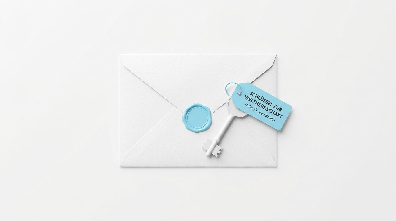 Briefumschlag mit Wachssiegel, Schlüssel und einem blauen Anhänger mit Text