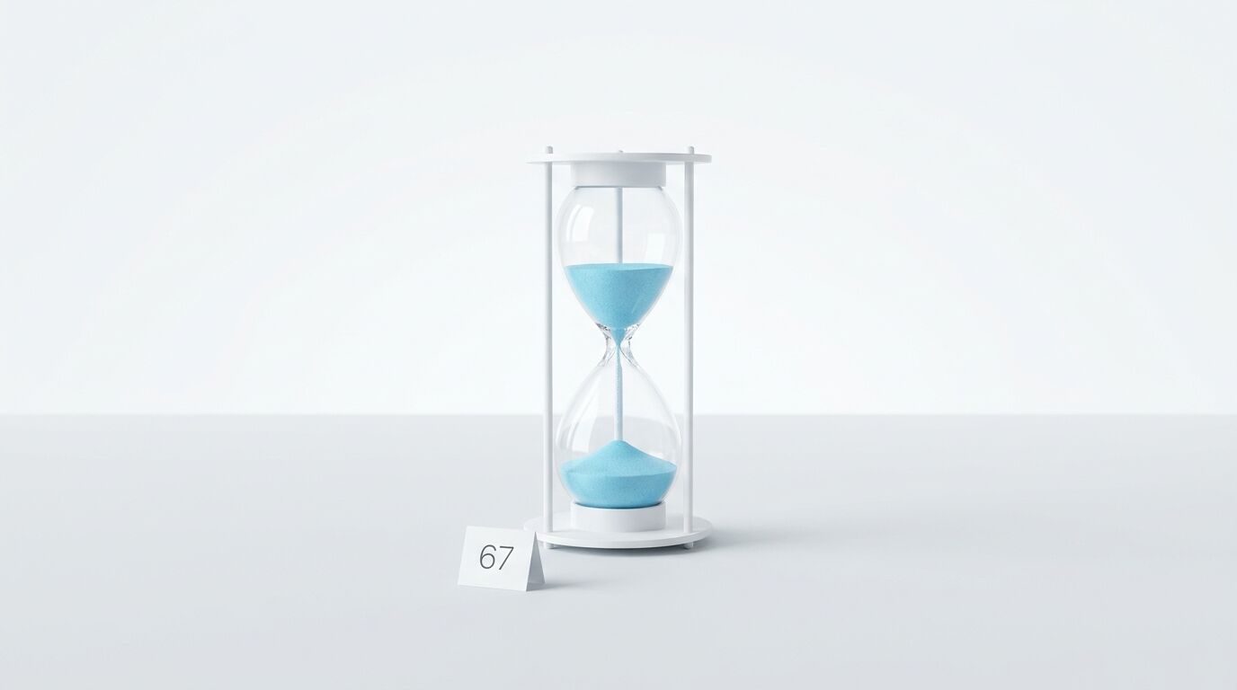 Sanduhr mit blauem Sand neben kleinem Schild mit Zahl 67