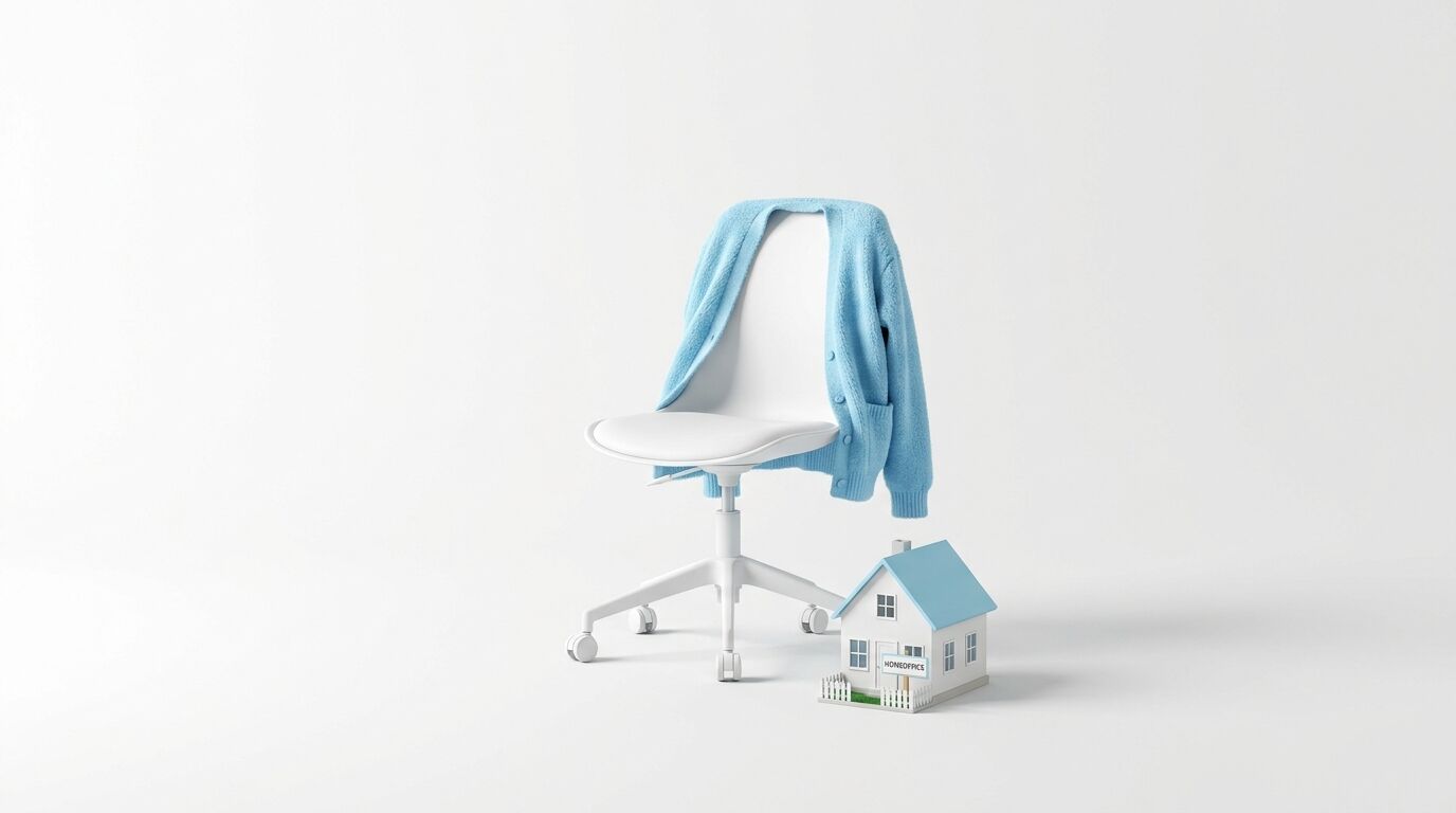 Bürostuhl mit Jacke und ein Modellhaus mit „Homeoffice“-Schild auf weißem Hintergrund