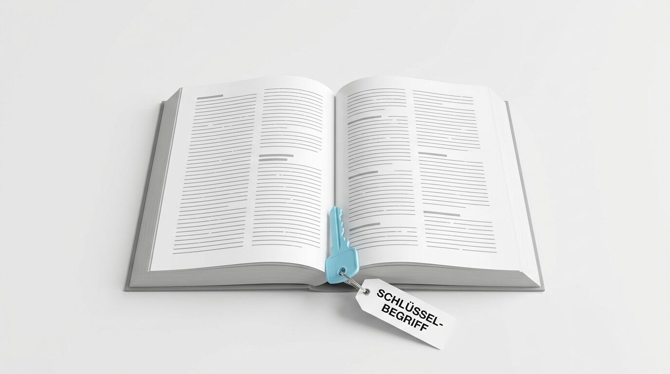 Ein aufgeschlagenes Buch mit einem blauen Schlüssel und einem Anhänger mit der Aufschrift „SCHLÜSSELBEGRIFF“