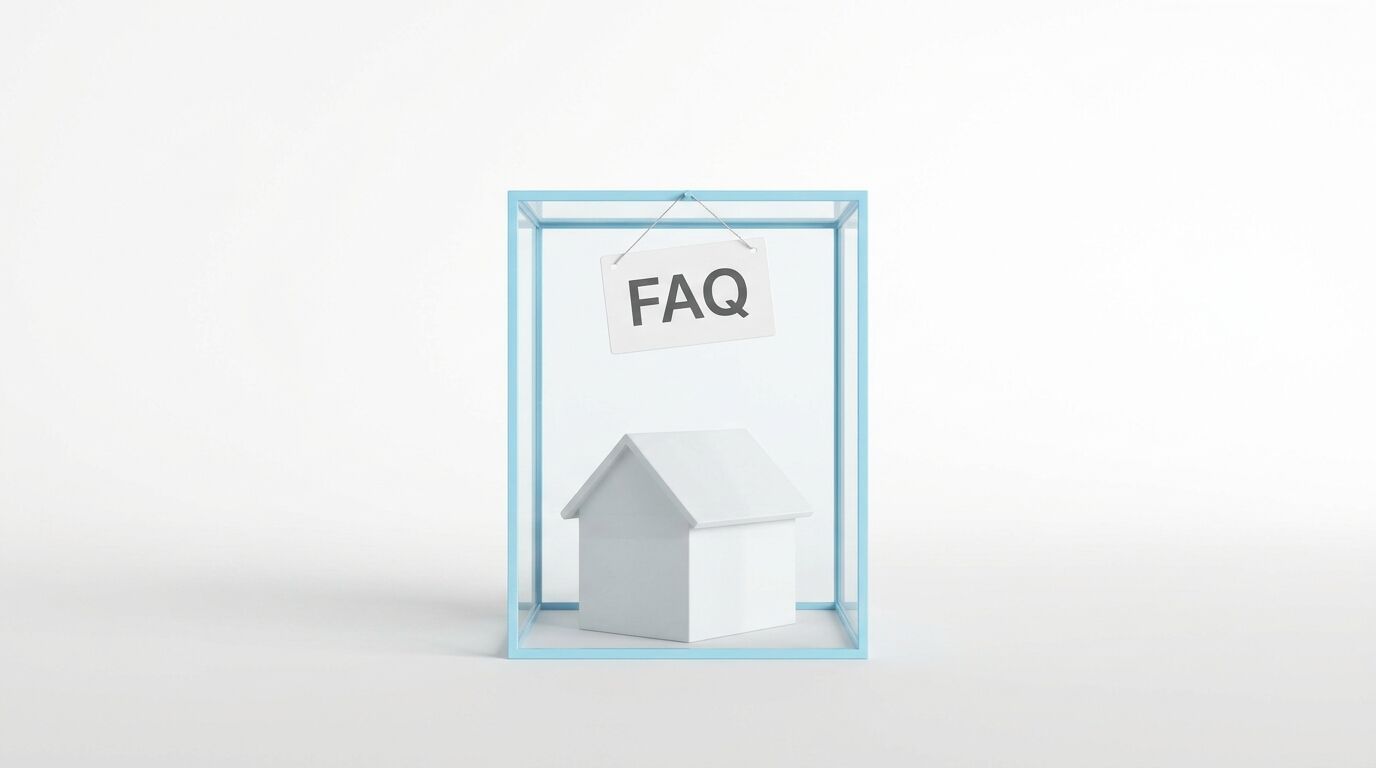 Ein weißes Hausmodell in einem hellblauen Glaswürfel, darüber ein hängendes Schild mit „FAQ“