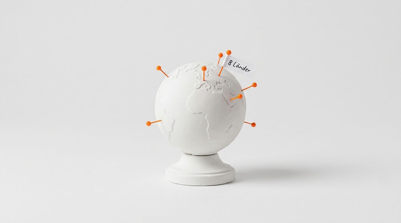 Weißer Globus mit orangefarbenen Pins und „8 Länder“-Fahne auf weißem Grund
