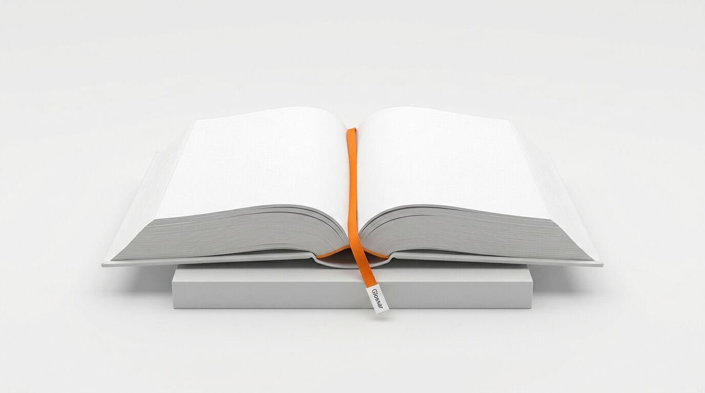 Ein geöffnetes Buch mit leeren Seiten und orangefarbenem Leseband auf weißem Hintergrund